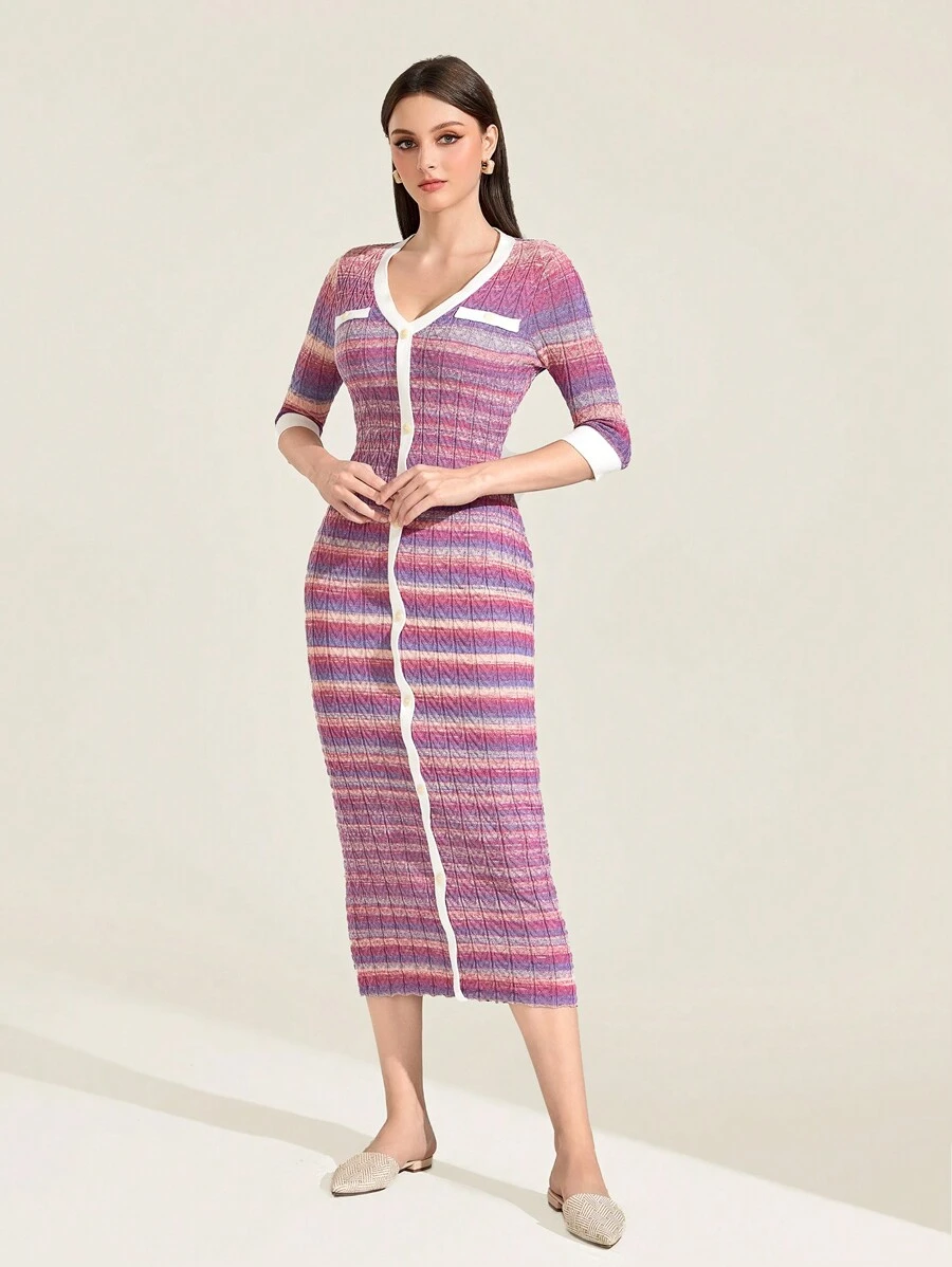 Mulvari Mẫu sọc Nút phía trước Đầm Áo len - Nhiều màu - Xem 1