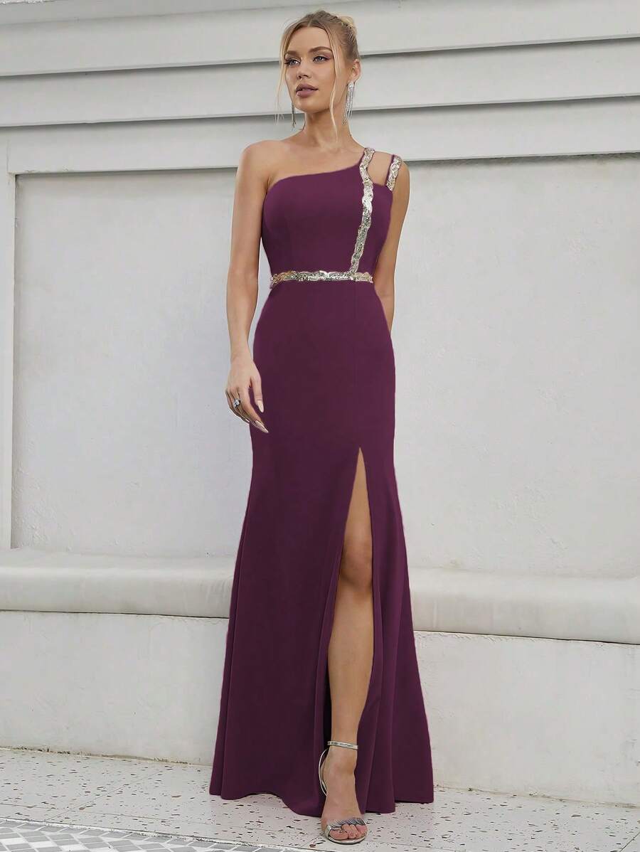 Contrast Color Sequin Slit Thigh Bridesmaid Dress - Red Violet - View 1