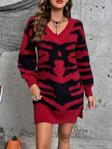 SHEIN LUNE Halloween Skeleton Pattern Drop Shoulder Split Hem Sweater Dress - Multicolor - View 3