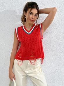 SHEIN Unity Striped Trim Ripped Sweater Vest - Hot Pink - View 1