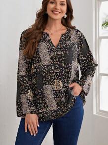 EMERY ROSE Talla grande Blusa con estampado floral de cuello notch