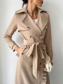 SHEIN Privé 西裝領荷葉邊腰帶風衣外套 - 卡其色 - 查看 5