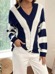 SHEIN LUNE Khối màu Thả vai Dệt kim chấm bi Áo len - Màu xanh lam - Xem 1