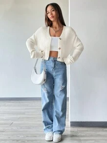 Lunelith SHEIN Lunessa Cardigan Épaule tombante Côtelé Épaule tombante