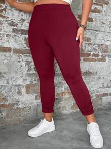 SHEIN LUNE Plus Button Detail Leggings - Burgundy - View 3
