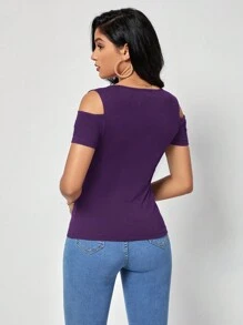SHEIN Clasi Solid Cold Shoulder Tee - Purple - View 3