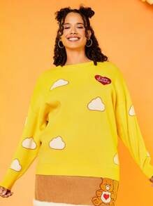 SHEIN X Care Bears Áo len trễ vai họa tiết gấu Plus - Màu vàng - Xem 2