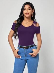 SHEIN Clasi Solid Cold Shoulder Tee - Purple - View 5