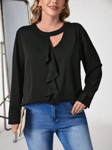 SHEIN Clasi Talla grande Blusa ribete con fruncido con abertura - Negro - Ver 1