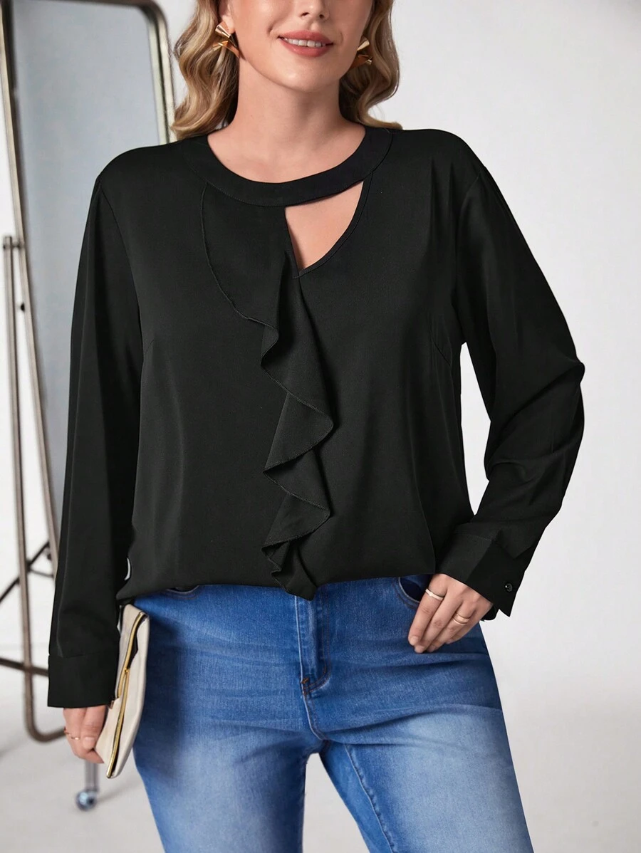 SHEIN Clasi Plus Áo kiểu có viền nhún bèo - màu đen - Xem 1