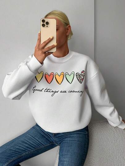 EURMUSE Heart & Slogan Graphic Drop Shoulder Sweatshirt