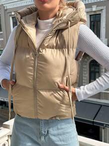 EURMUSE Zip Up Drawstring Hooded Puffer Vest Coat - Beige - View 4