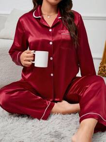 Plus Christmas Contrast Piping Satin PJ Set / Pajama Set - Burgundy - View 1