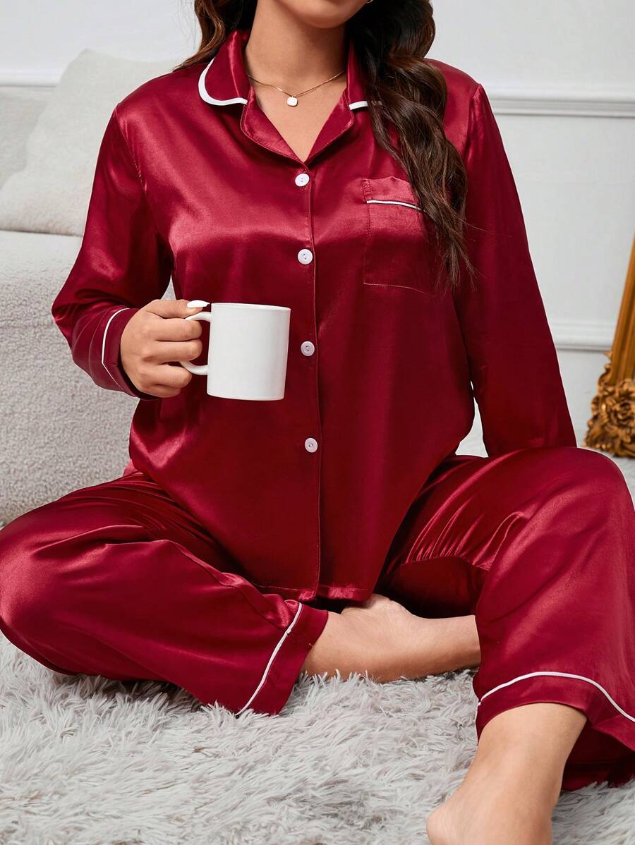 Plus Christmas Contrast Piping Satin PJ Set / Pajama Set - Burgundy - View 1