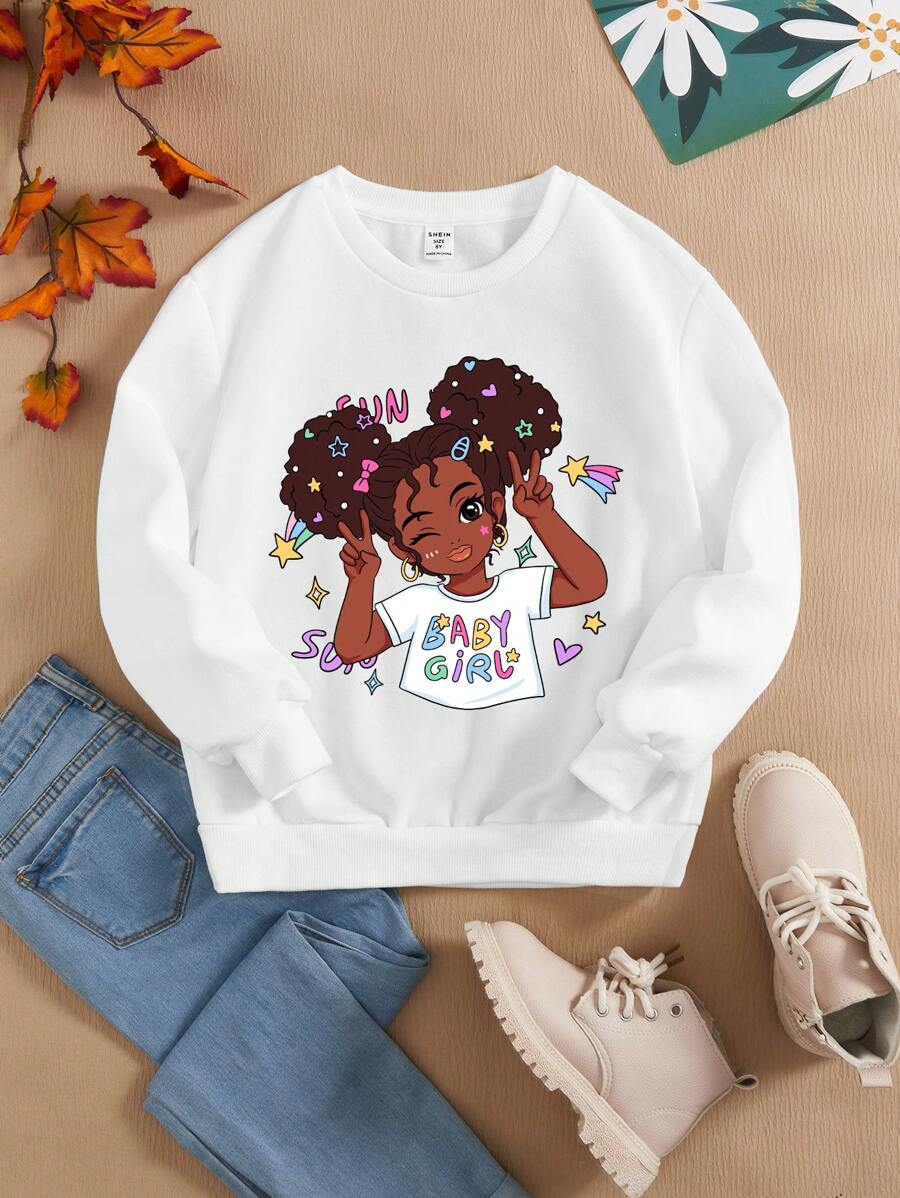 女大童人像圖案加絨內裏運動衫 - 白色 - 查看 1