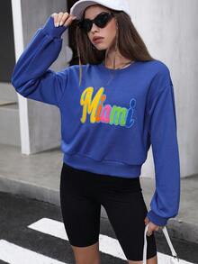 SHEIN Unity 女式休闲蓝色字母植绒落肩短款运动衫，秋季 - 藍色 - 查看 5