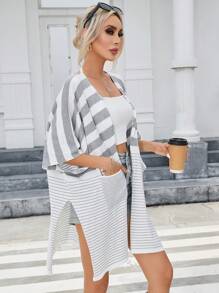 SHEIN Unity Padrão Listrado Manga De Asa De Morcego Cardigan Espanador - Multicolorido - Visão 6