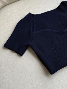 DAZY 純色心形領肋針針織上衣 - 藏蓝色 - 查看 5