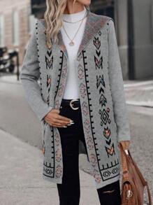 Áo khoác cardigan dài tay có mũ trùm đầu họa tiết hình học cỡ lớn cho nữ - Nhiều màu - Xem 1