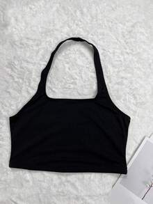 حمالة صدر هالتر عارية الظهر بتصميم مضلع عادي - الأسود - مشاهدة 3