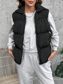 SHEIN LUNE Zip Up Puffer Vest Coat - Black - View 3