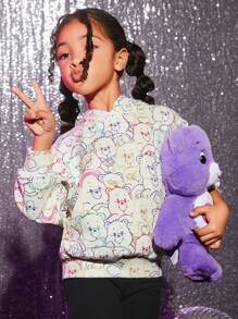 SHEIN X Care Bears Young Girl Cute Cartoon Bear Allover Print Oversized Casual Hooded Long Sleeve Sweatshirt - Khaki - View 2