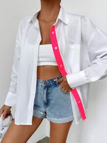SHEIN Cottnline Của phụ nữ Gầy Trắng Áo sơ mi Với Cổ áo sơ mi Và Nút đơn Khép kín , Giải trí Và Linh hoạt Dài tay Phong cách , Gầy Chất vải - trắng - Xem 1