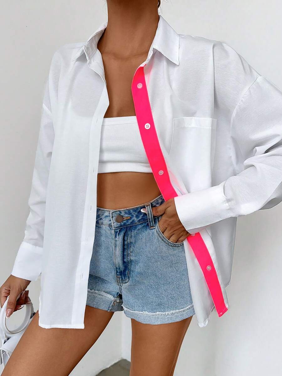 SHEIN Cottnline Của phụ nữ Gầy Trắng Áo sơ mi Với Cổ áo sơ mi Và Nút đơn Khép kín , Giải trí Và Linh hoạt Dài tay Phong cách , Gầy Chất vải - trắng - Xem 1
