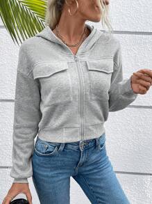 SHEIN VCAY 翻蓋口袋落肩袖拉鏈連帽衫 - 灰色 - 查看 5