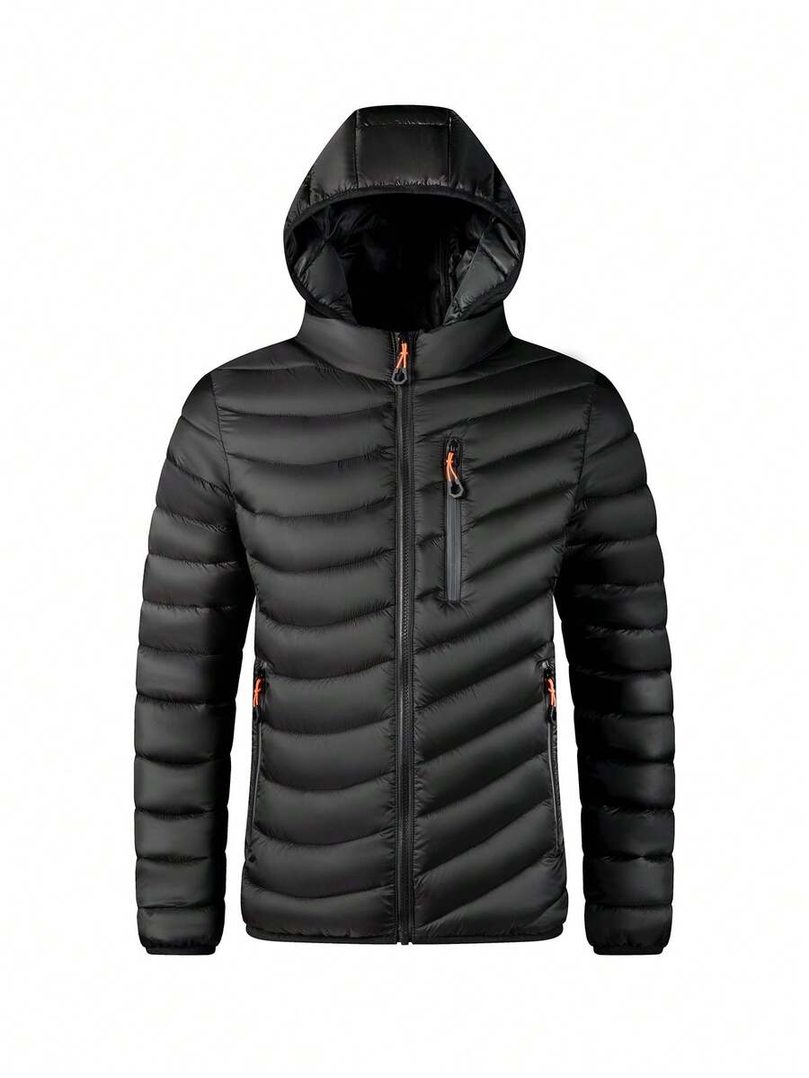 Men Zip Up Hooded Padded Coat - Black - View 1