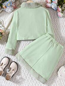 SHEIN Tween Girl Borg Collar Zip Up Jacket & Skirt - Mint Green - View 2