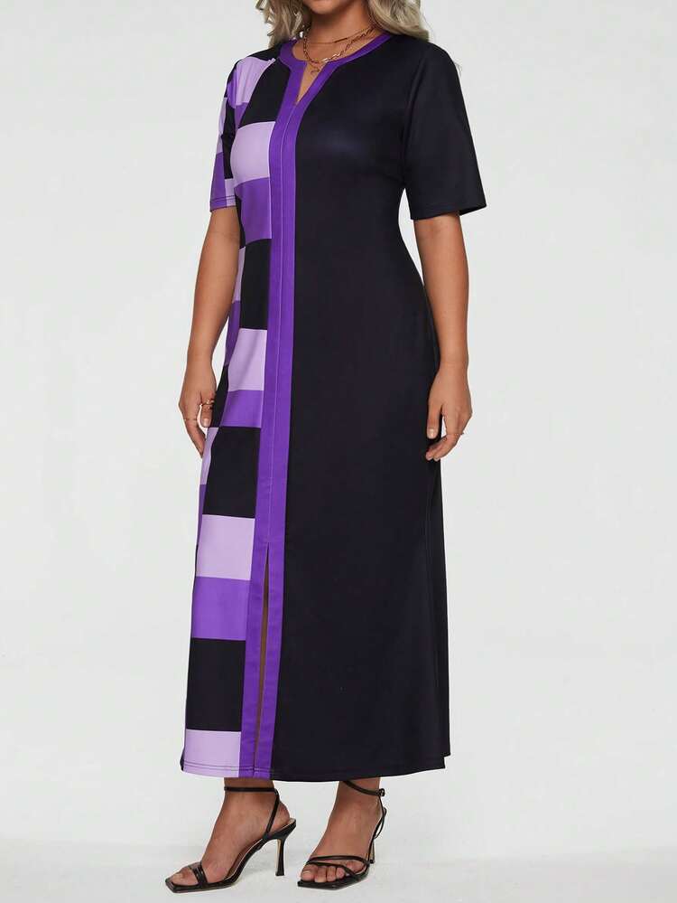Plus Plaid Print Notched Neckline Split Hem Dress