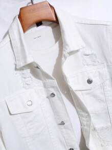 Manfinity Roughcore Men Long Sleeve Cotton Ripped Flap Pocket Denim Jacket Without Tee, For Fall - White - View 3