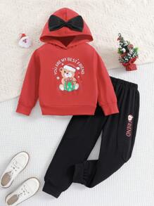 SHEIN Cô Gái Trẻ In Giáng sinh Chi tiết cung Áo Hoodie & Quần thể thao - Đỏ - Xem 1