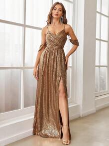 SHEIN Belle Đầm suông xẻ đùi lạnh vai - Rượu sâm banh - Xem 6