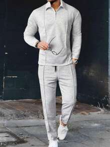 Manfinity Homme Men Contrast Piping Quarter Zip Sweatshirt & Sweatpants - Grey - View 1