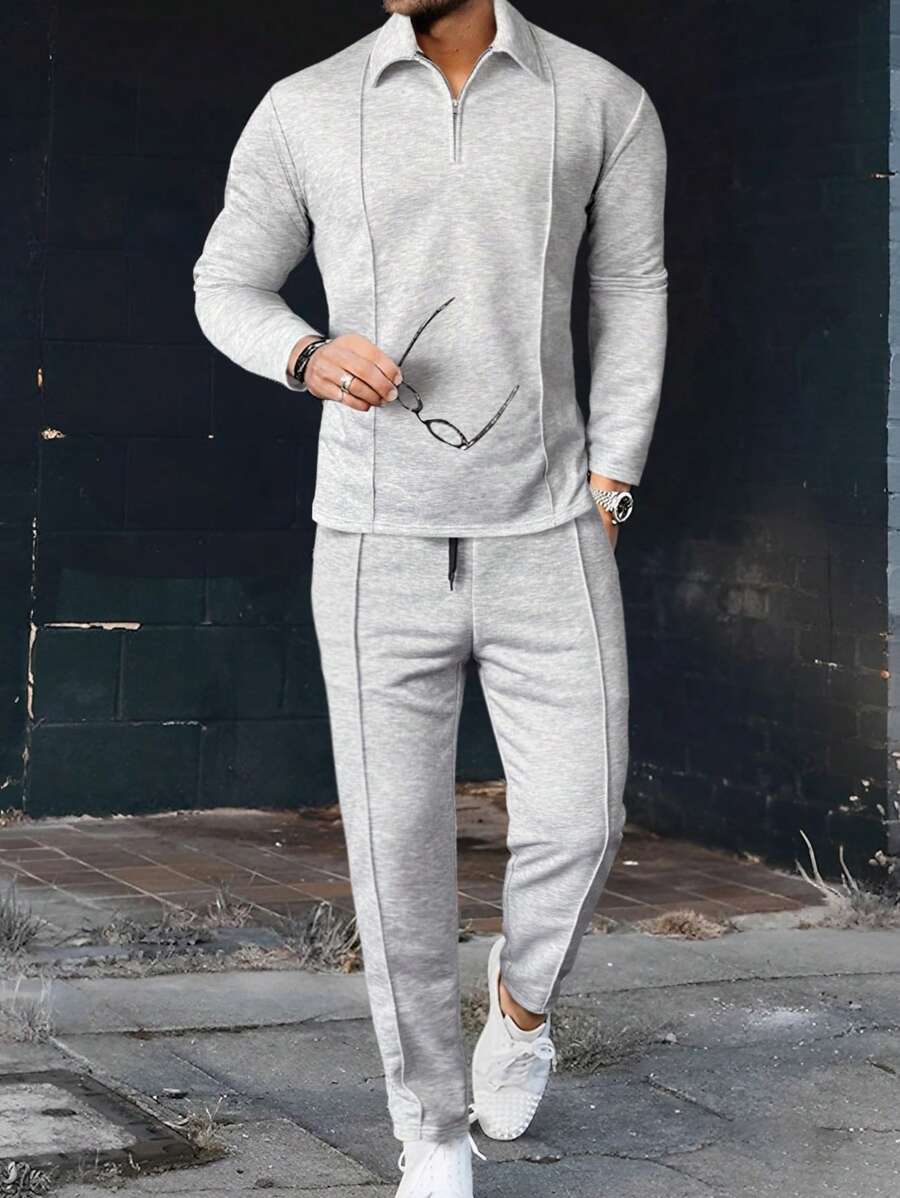 Manfinity Homme Men Contrast Piping Quarter Zip Sweatshirt & Sweatpants - Grey - View 1
