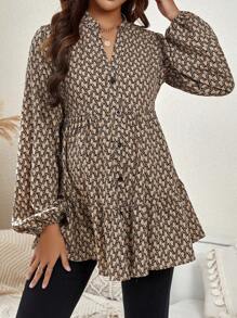 SHEIN 孕婦滿版印花燈籠袖荷葉邊襯衫 - 黑色 - 查看 3