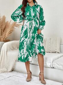 SHEIN Maternity Allover Print Belted Shirt Dress - Green - View 5