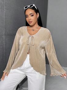 SHEIN EZwear 大碼前繫帶木耳邊喇叭袖襯衫 - 杏色 - 查看 1