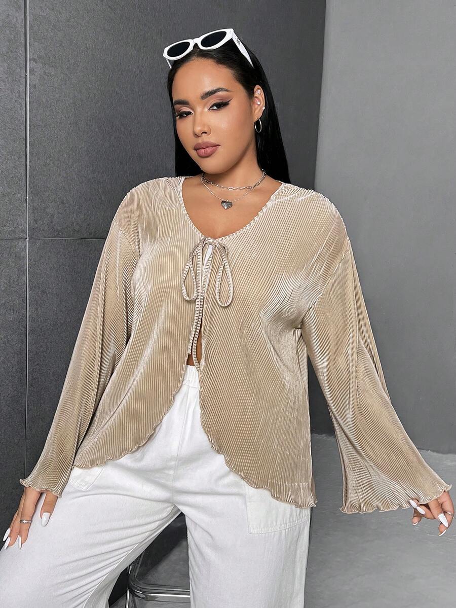 SHEIN EZwear 大碼前繫帶木耳邊喇叭袖襯衫 - 杏色 - 查看 1