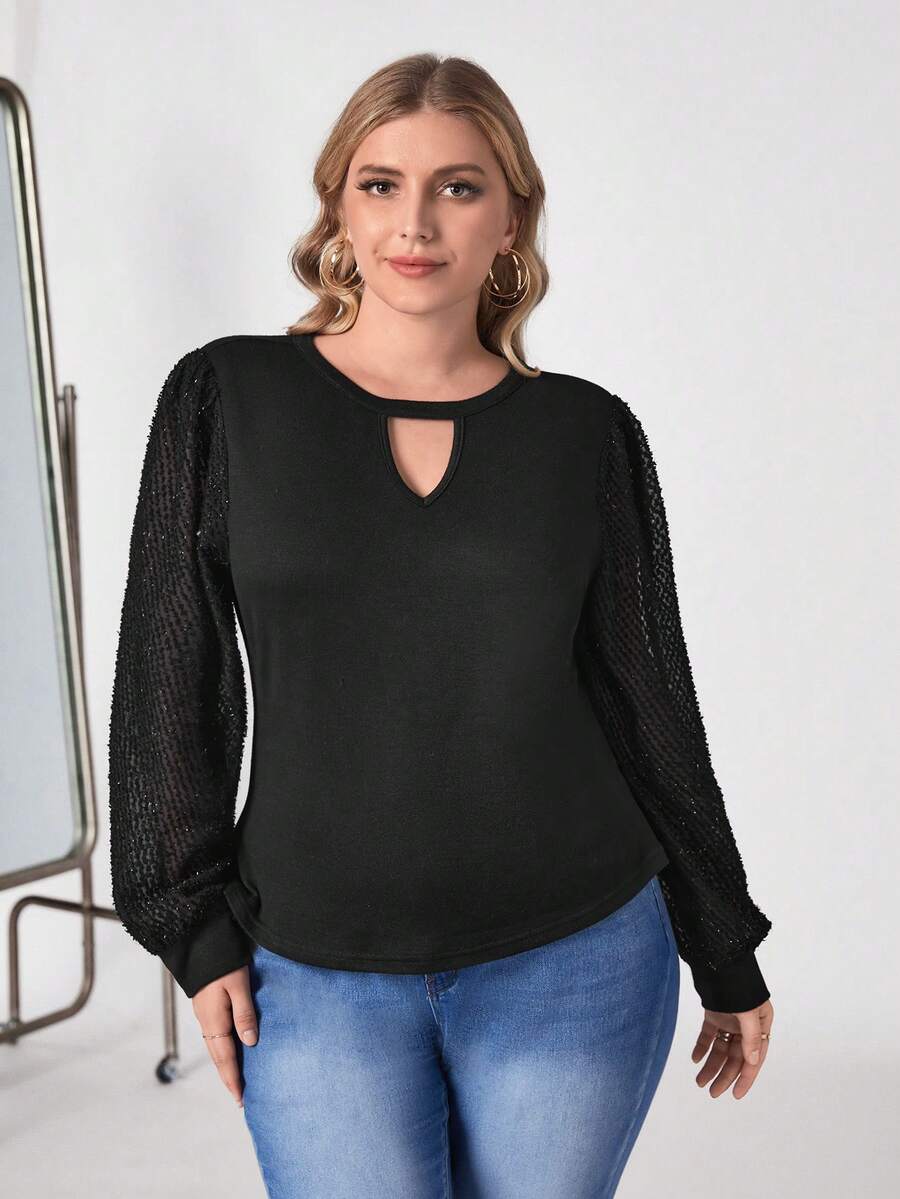 SHEIN Clasi Plus Keyhole Neckline Contrast Lace Lantern Sleeve Top - Black - View 1
