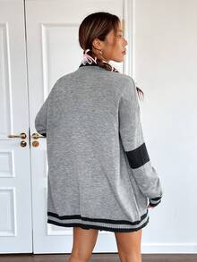 SHEIN Qutie Sọc trang trí Túi Kép Thả vai Xoắn Dan Tương phản ràng buộc Áo len Mở - Xám - Xem 2