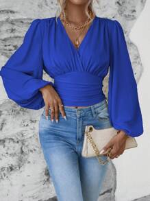 Wandoria Women's Solid Color Overlap V-Neck Lantern Sleeve Pleated Fashion Blouse - Royal Blue - View 4