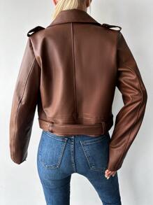 RueChic Zip Up Belted Moto Jacket - Brown - View 2
