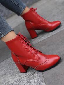Vintage Autumn & Winter Block Heel Boots For Women, Pu, Front Lace-up, Red - Red - View 1