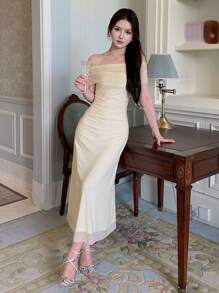 DAZY 纯色露肩褶饰网眼连衣裙优雅晚宴礼服、生日礼服、新年前夜舞会礼服优雅太阳裙、正式女士礼服 - 米色 - 查看 6