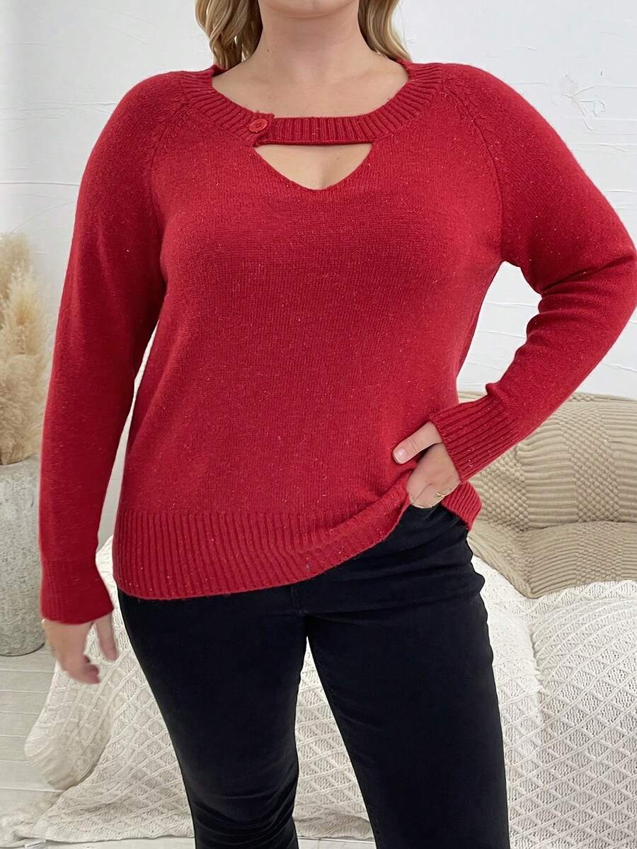 SHEIN Unity Hơn Cắt ra Tay Raglan Áo len - Đỏ - Xem 1