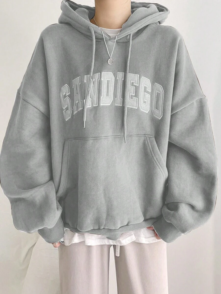 Letter Graphic Big Pocket Drop Shoulder Drawstring Hoodie,Fall Women Clothes Sweatshirt - Grey - View 1