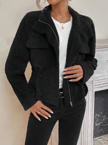 SHEIN LUNE Túi có nắp Eo dây rút Thả vai Áo Teddy Jackets - màu đen - Xem 7